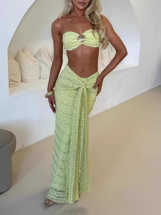 Elegante Strapless Top met Schelpversieringen & Rimpelrok Set