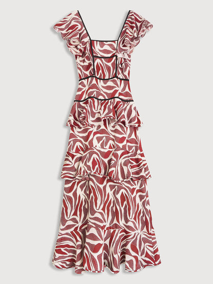 Retro Unieke Gelaagde Print Contrast Ruffle Trim Maxi Jurk