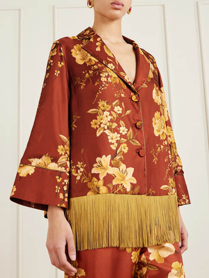 Exquise Franje Bloemenprint Satijnen Shirt en Elastische Taille Wijde Pantalon Set