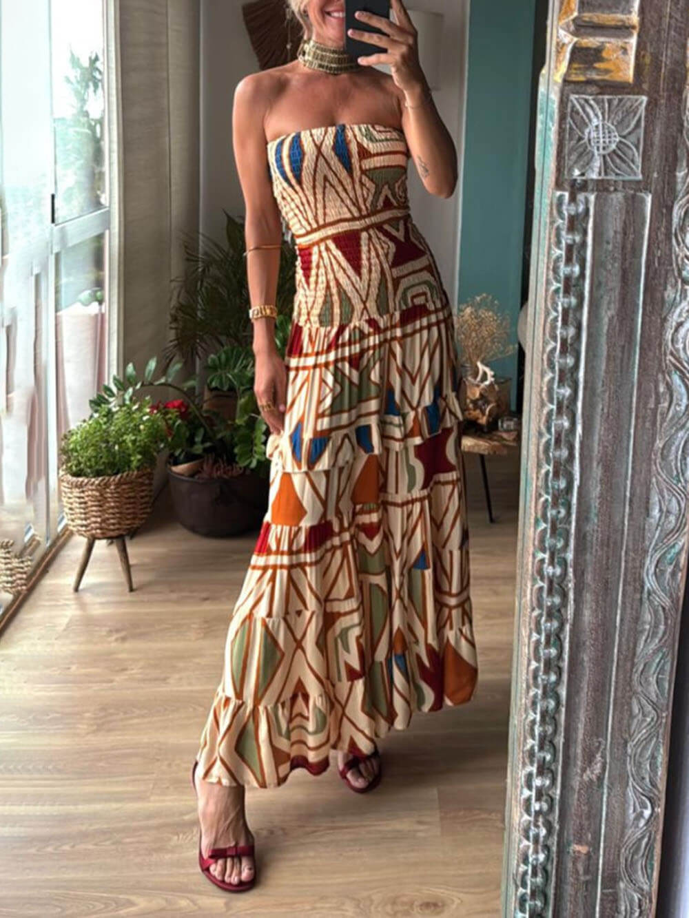 Chic Perfecte Stijl Uniek Bloemig Patroon Elastische Bandeau Maxi Jurk