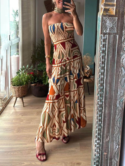 Chic Perfecte Stijl Uniek Bloemig Patroon Elastische Bandeau Maxi Jurk