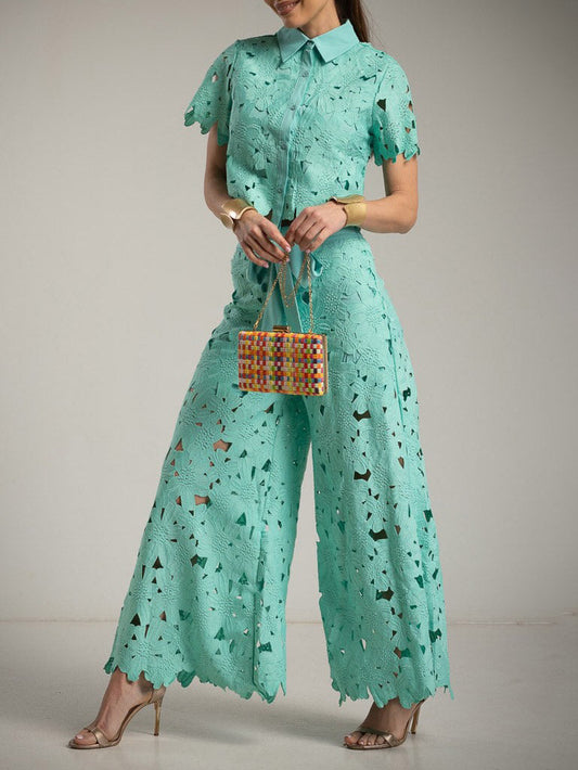 Casual Cutout Kanten Shirt & Wijde Pantalon Twee-Piece Set