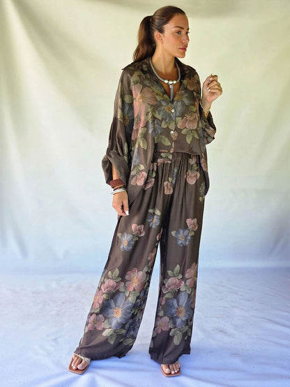 Retro Bloemenprint Overhemd met Kraag & Elastische Taille Wijde Broek Twee-Delige Set