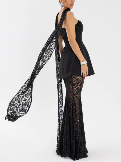 Elegante Strapless Mini Jurk En Kanten Maxi Rok Set