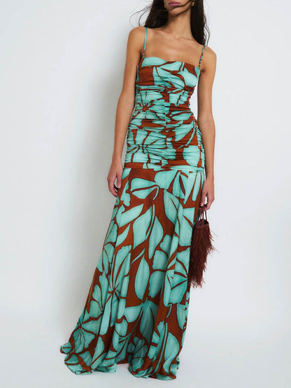 Bohemian Tropisch Bladprint Satijnen Maxi Jurk Twee-Delige Set