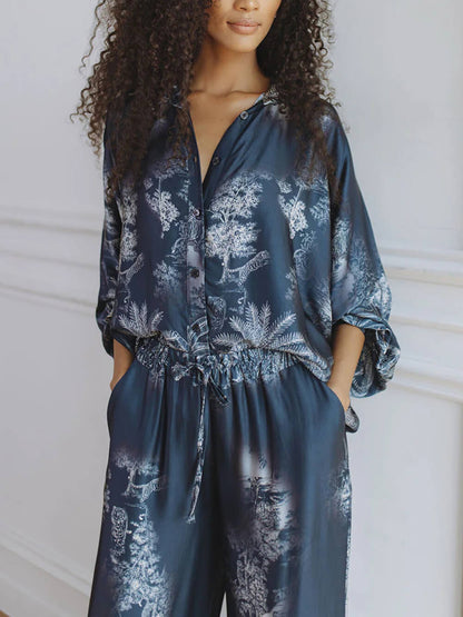 Unieke Marineblauwe Bloemenprint Losse Top met Elastische Taille en Brede Pantalon Set