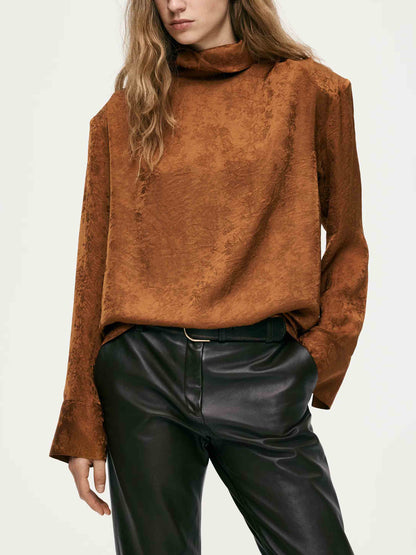 Elegante Satijnen Blouse met Hoge Hals & Broek Tweedelige Set