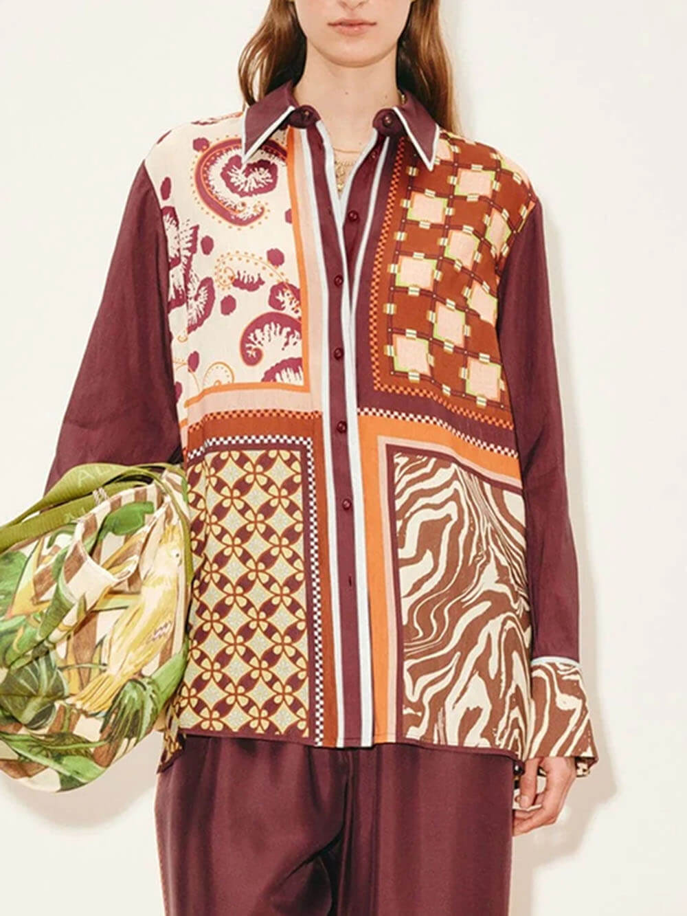 Unieke Paisley Kleur-Block Satijnen Shirt En Elastische Taille Wijde Broek Set