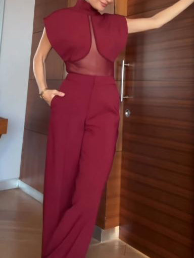 Elegante Top met Hoge Hals en Mesh Paneel & Split Broek Twee-Piece Set