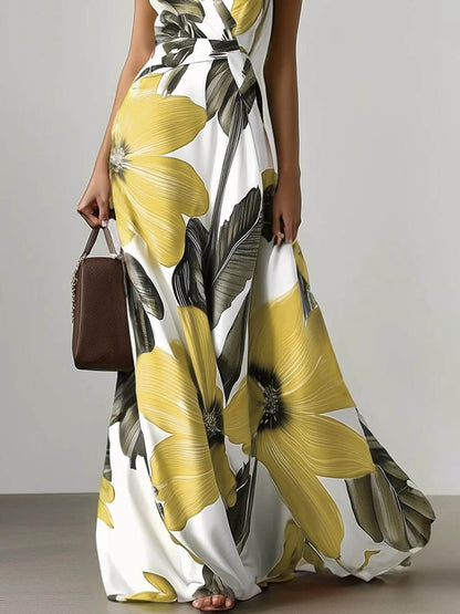 Elegante Bloemenprint Klassieke V-Hals Mouwloze A-Lijn Maxi Jurk