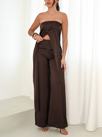 Elegante Strapless Satijnen Top & Broek Twee-delige Set