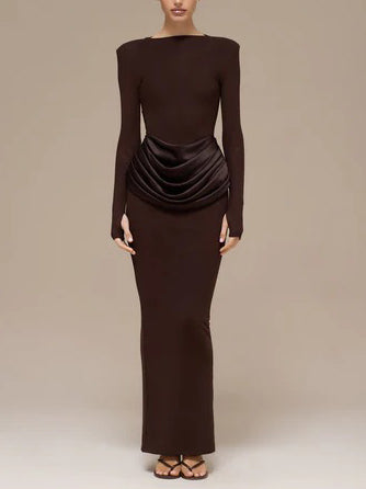 Elegante Plissé Lange Mouwen Slim-Fit Maxi Jurk