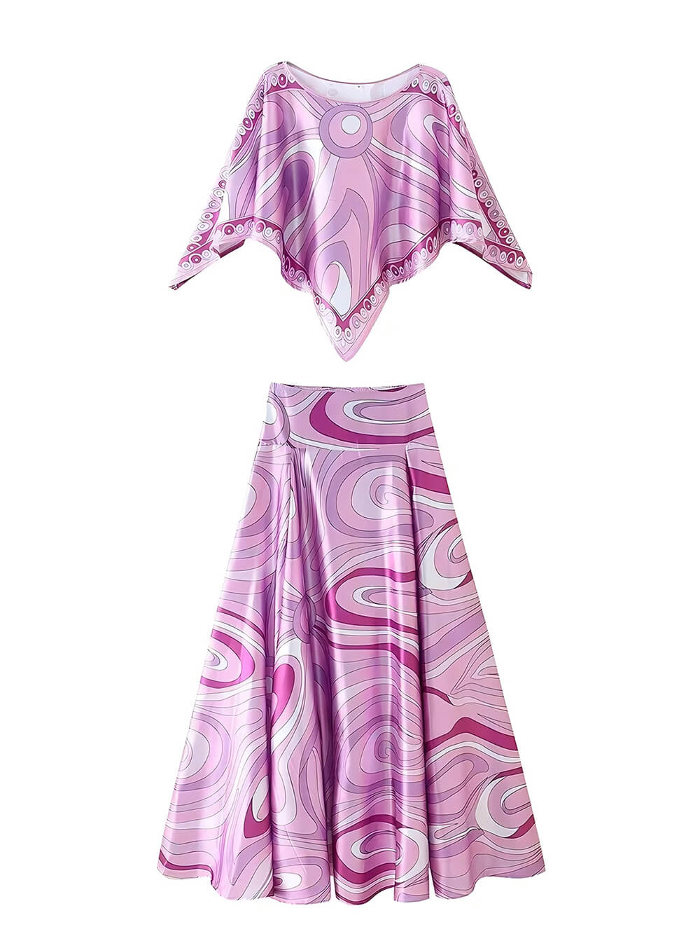 Casual Satijnen Cape Top Met Plaatsing Print En Flared Rok Set