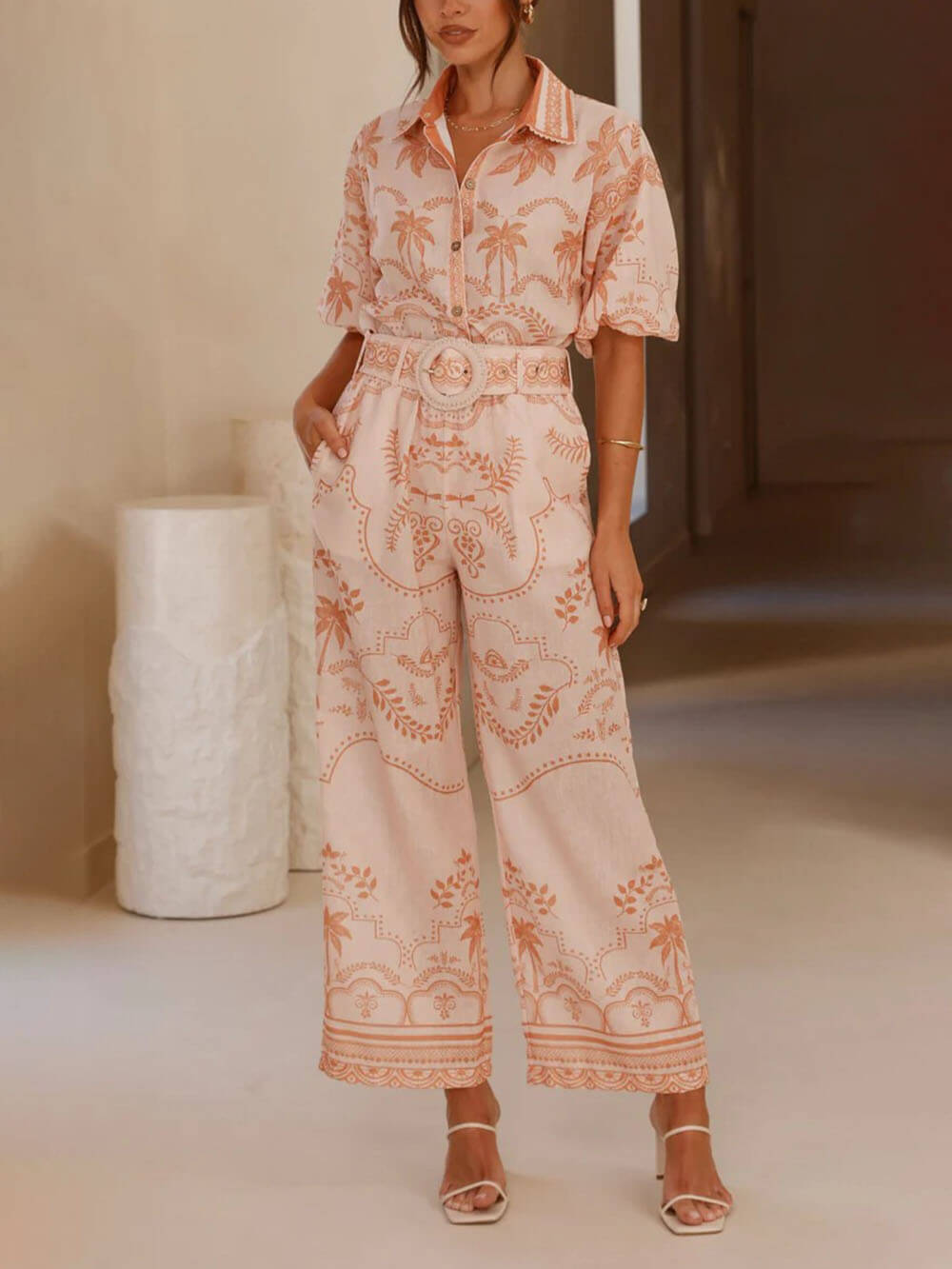 Casual Temperament Geprinte Linnen Korte Mouwen Top Met Riem En Rechte Broek Set