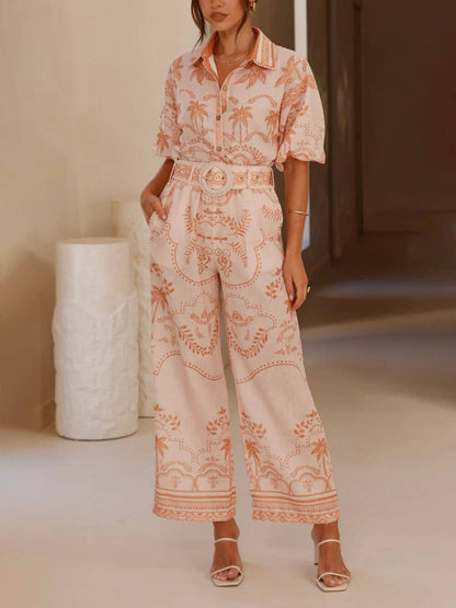 Casual Temperament Geprinte Linnen Korte Mouwen Top Met Riem En Rechte Broek Set