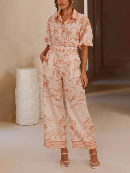 Casual Temperament Geprinte Linnen Korte Mouwen Top Met Riem En Rechte Broek Set