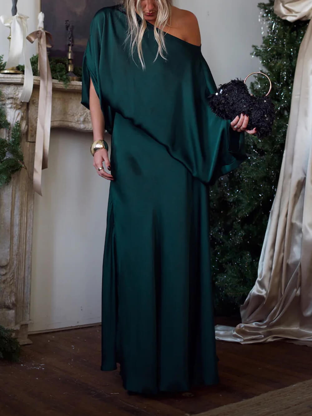 Exquise Satijnen Plissé Shirt en Hoge Taille Maxi Rok Set