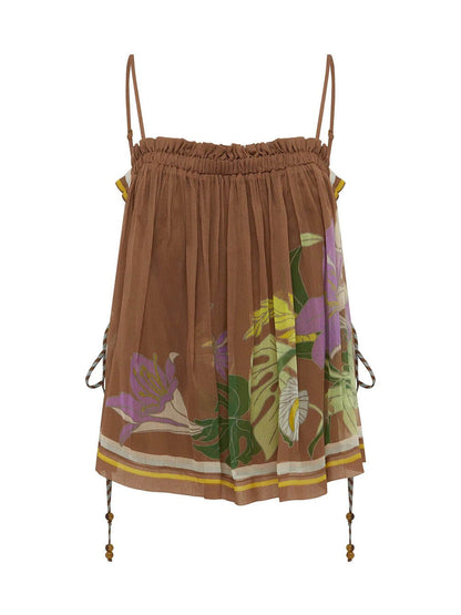 Exquise Rimpel Verstelbare Schouderband Camisole met Touwsluiting Split Wijde Pantalon Set