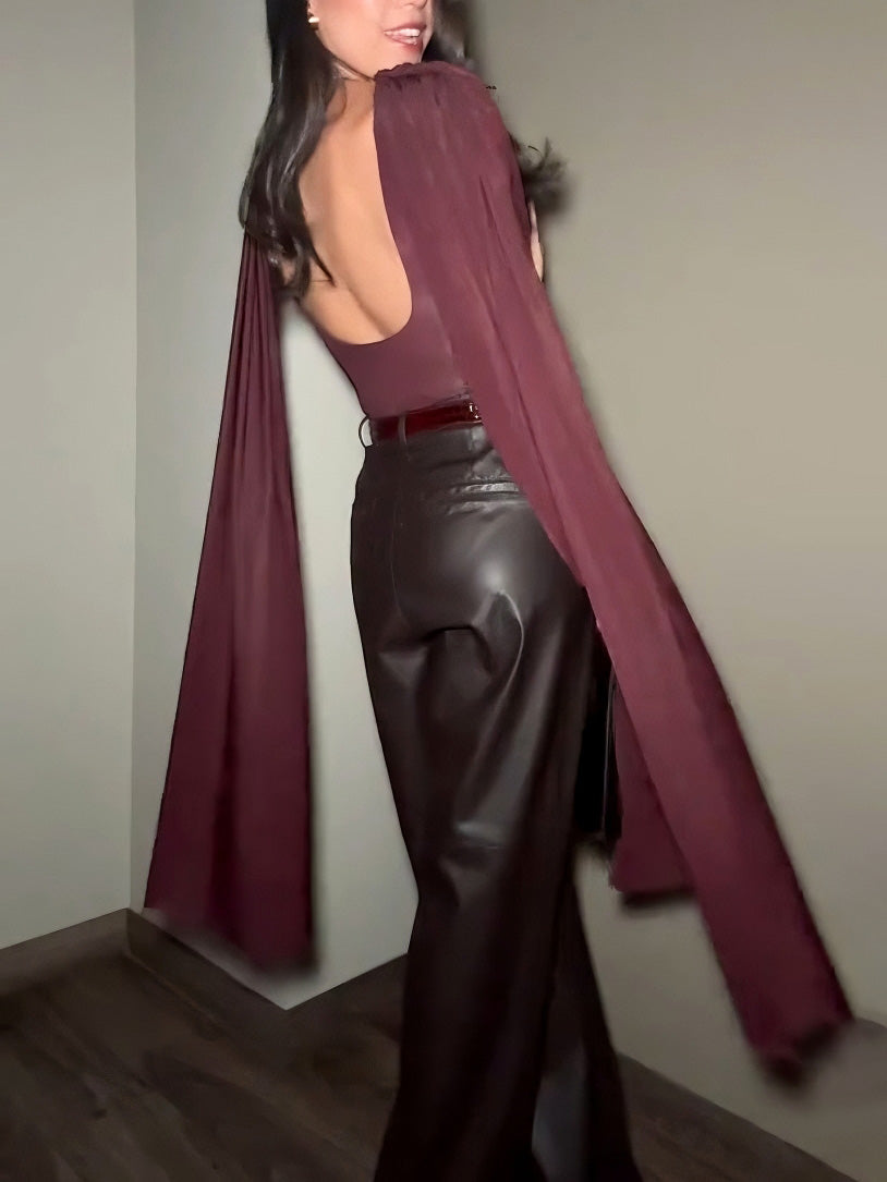 Elegante Drapé Top En Wijde Nep Leer Broek Twee-delige Set