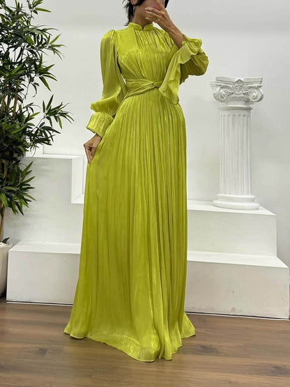 Modieuze Plissé Taille Lange Mouwen Chiffon Avond Maxi Jurk