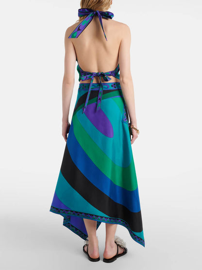 Retro Ongelijke Satijnen Print Halter Top met Vetersluiting