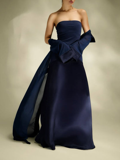 Elegante Satijnen Maxi Jurk & Lange Transparante Chiffon Cover-Up Twee-Delige Set
