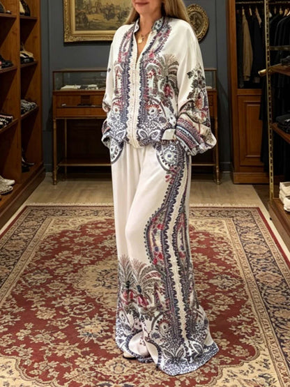 Elegante Paisley Print Rits Shirt & Wijde Pantalon Set
