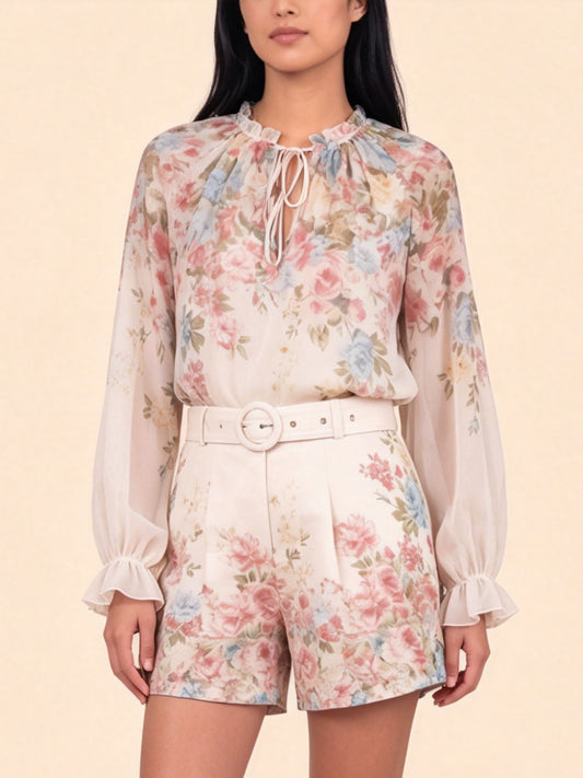 Exquisite Floral Print Lange Mouwen Chiffon Shirt & Shorts Set