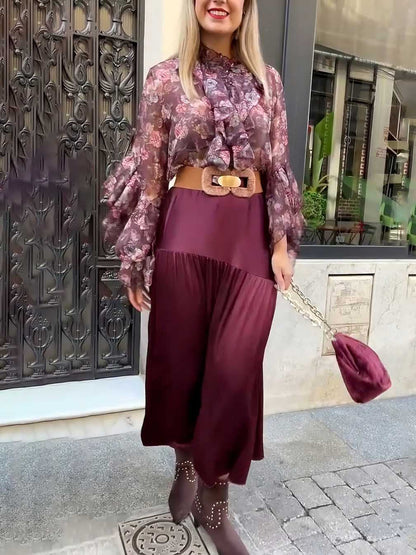Elegante Bloemige Rimpel Chiffon Shirt En Rok Twee-delige Set