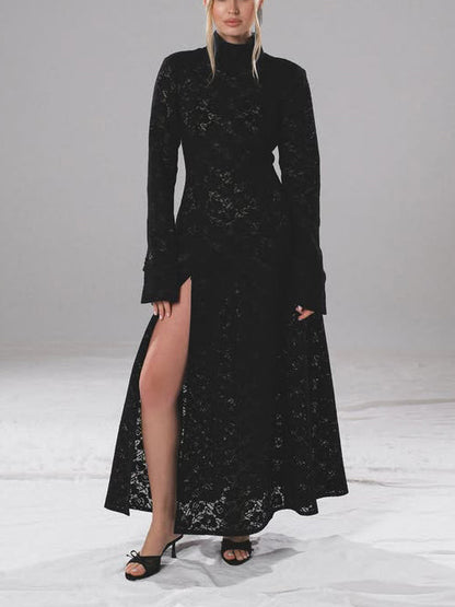 Elegante Hoge Hals Kant Robe & Broek Twee-delige Set