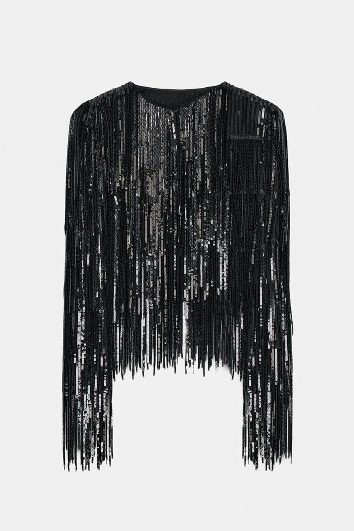 Exquise Pailletten Franje Lange Mouwen Jas En Rok Set