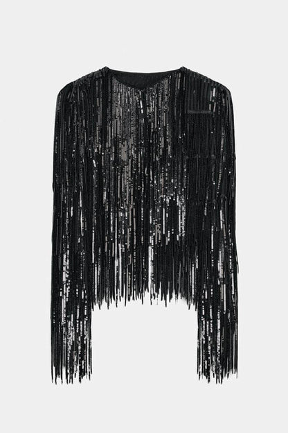 Exquise Pailletten Franje Lange Mouwen Jas En Rok Set