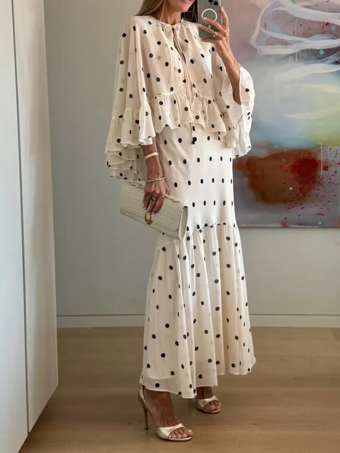 Elegante Polka Dot Ruffle Gelaagde Chiffon Cape Maxi Jurk
