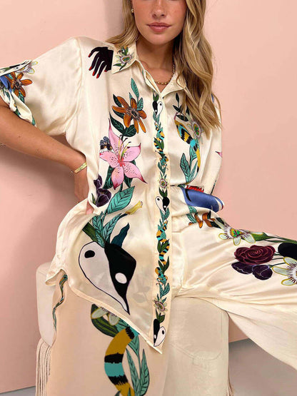 Moderne Verfijnde Gevoel Satin Unieke Print Oversized Blouse Elastische Taille Met Zakken Brede Pantalon Set