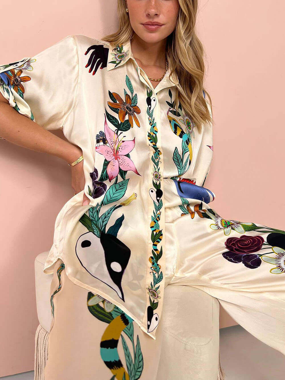 Moderne Verfijnde Gevoel Satijn Unieke Print Oversized Blouse Elastische Taille Ge pockette Wijde Pantalon Set
