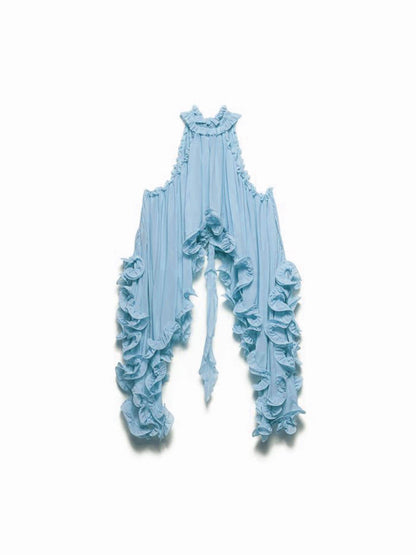 Exquise Chiffon Ruffle Rugloze Asymmetrische Top & Relaxed Shorts Set met Elastische Taille