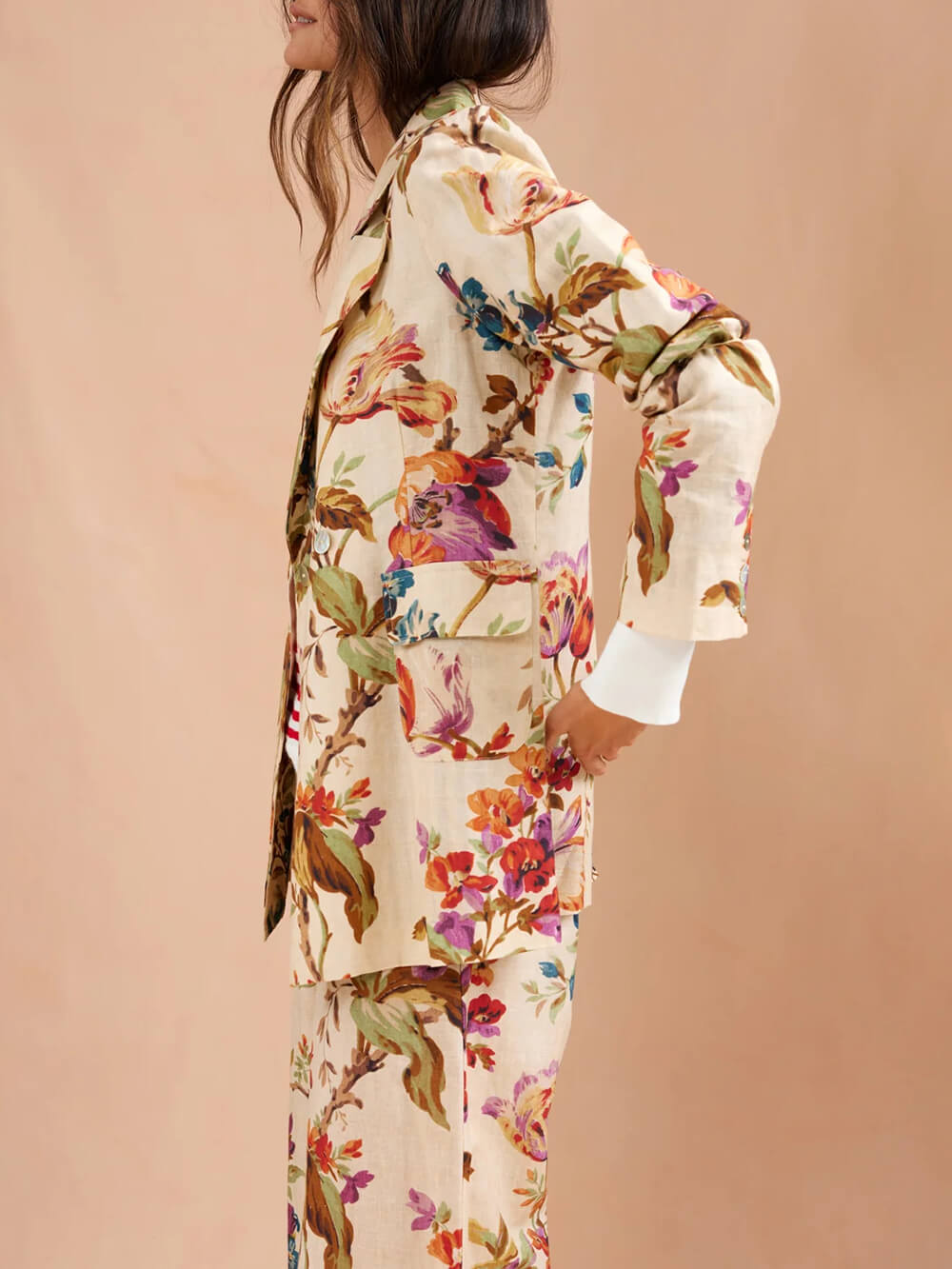 Exquise Retro Bloemenprint Lape Blazer Losse Zak Brede Pantalon Set
