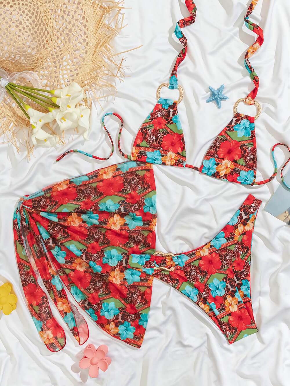 Sexy Gedrukte Strappy Bikini Cover-up Drie-Delige Set