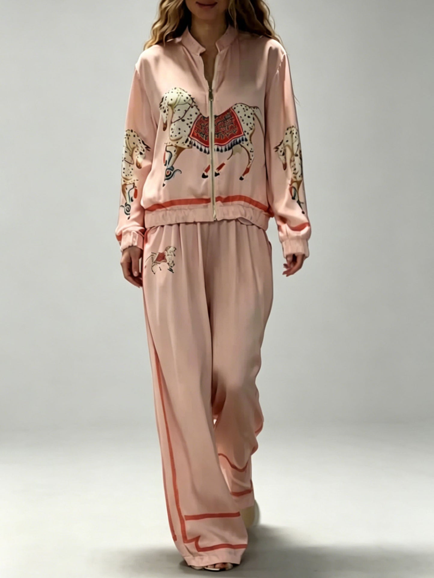 Exquise Satijnen Paardprint Zip Jacket & Wijde Broek Twee-Piece Set