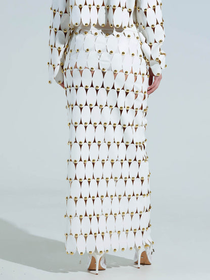 Exquise Cut-Out Studded PU Cropped Cardigan Top en Maxi Rok Set