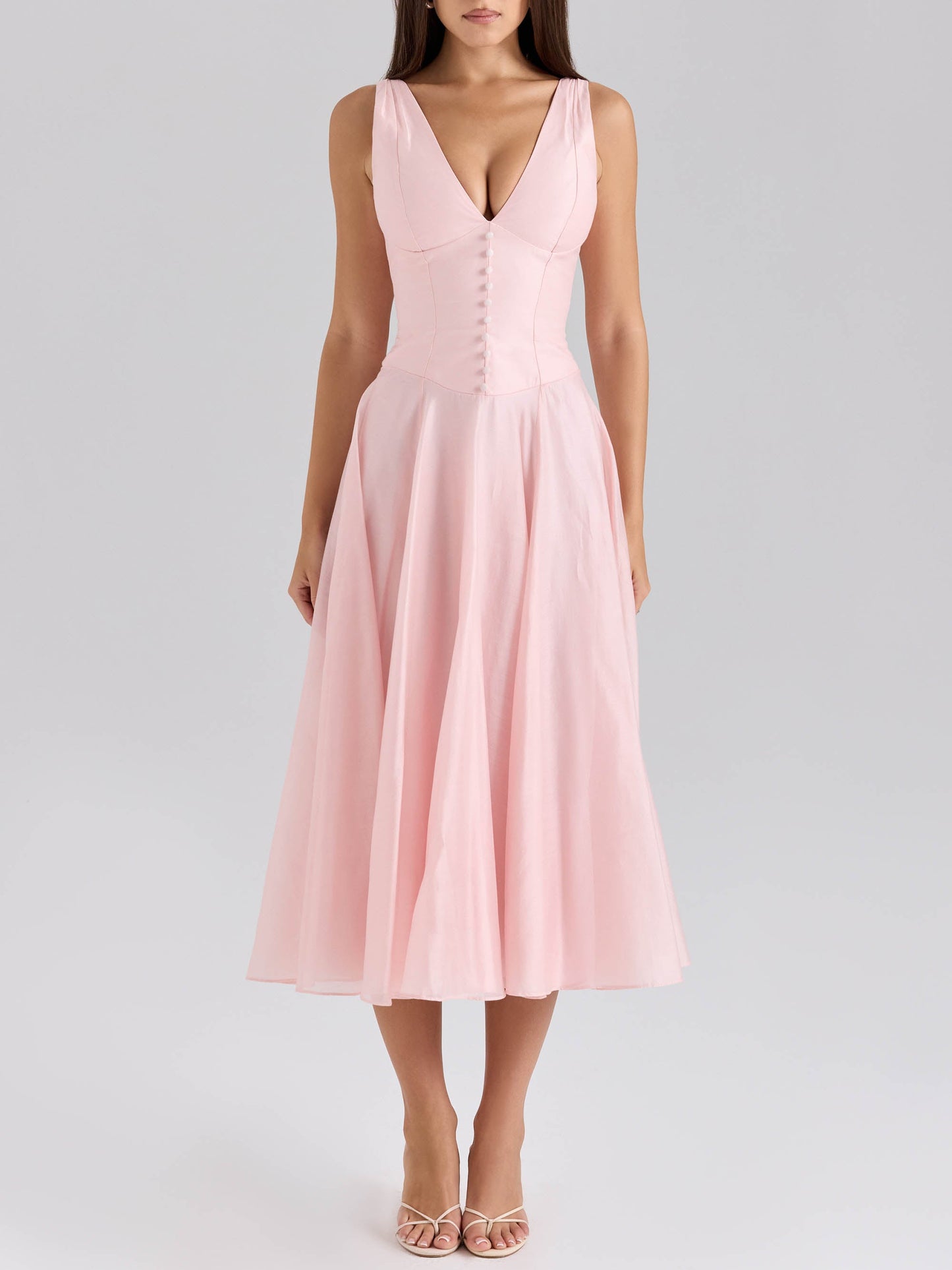 Elegante V-hals Chiffon Knopen Midi Jurk