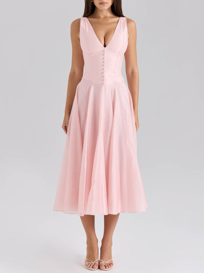 Elegante V-hals Chiffon Knopen Midi Jurk