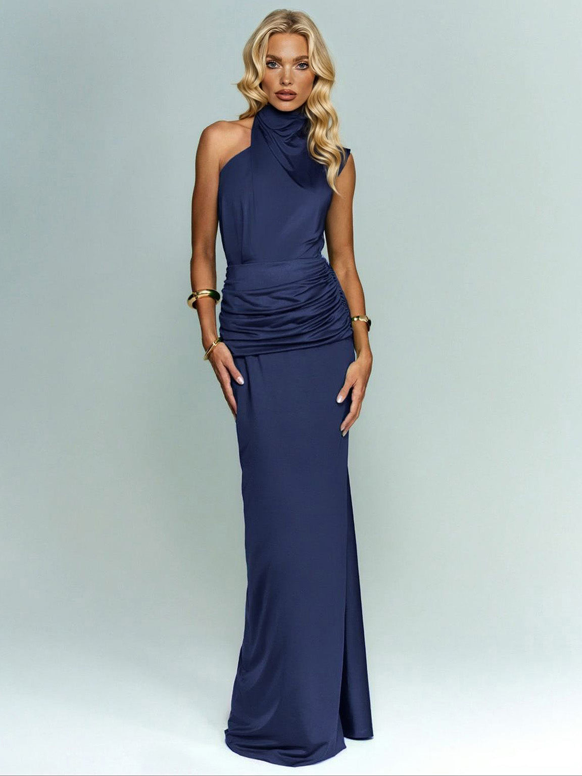 Elegante Asymmetrische Halslijn Geplooide Maxi Jurk