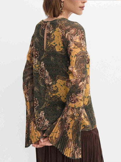Retro Paisley Print Bell-mouw Shirt Twee-delig Set
