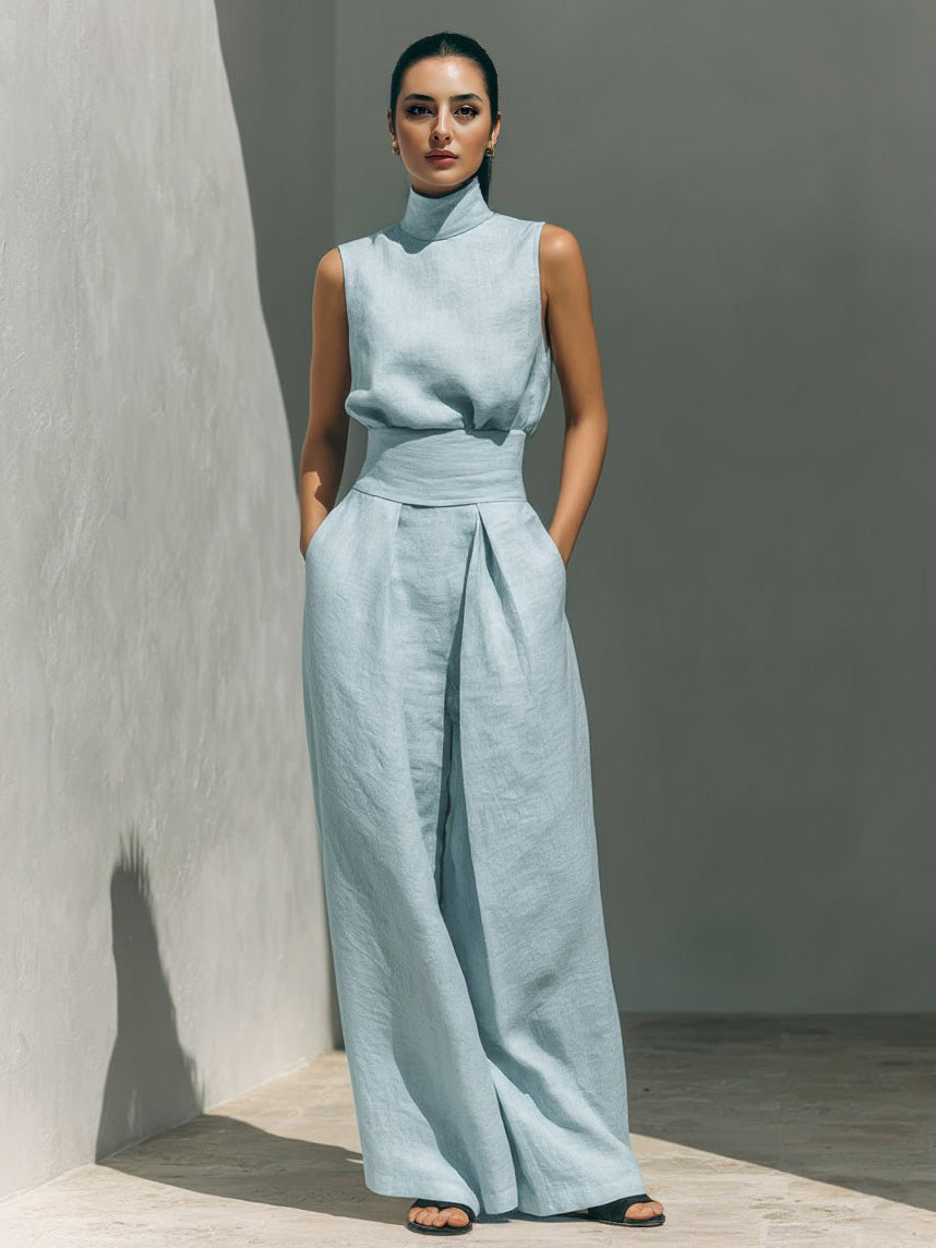 Elegante Linnen Hoge Hals Top & Brede Pijpen Broek Twee-Delige Set