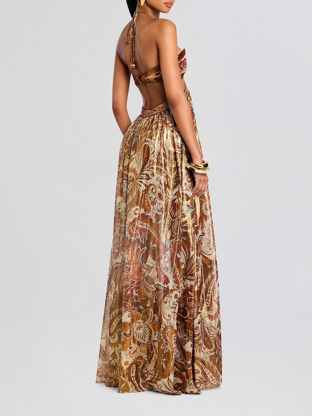 Elegante Holle Print Halternek Rugloze Maxi Jurk