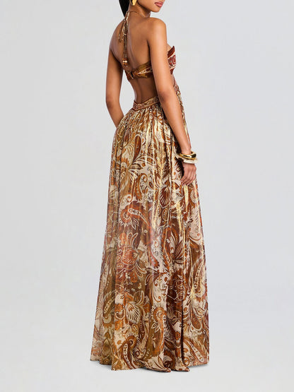 Elegante Holle Print Halternek Rugloze Maxi Jurk