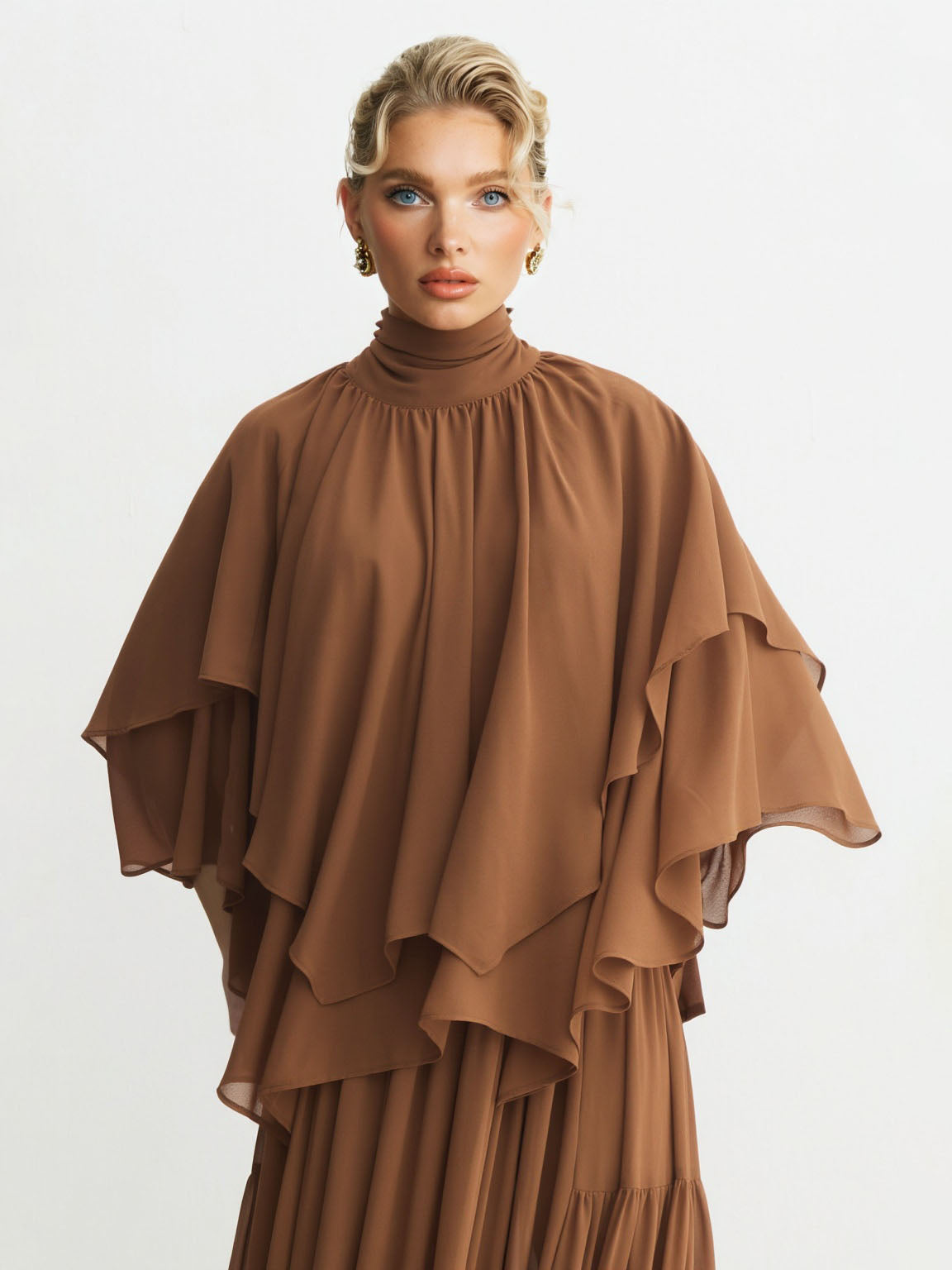 Elegante Chiffon Cape Top En Gelaagde Maxi Rok Twee-delige Set