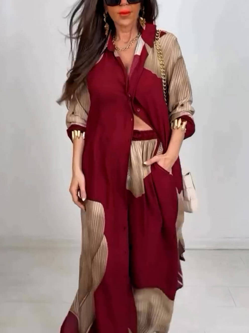 Elegante Losse Gedrukte Midi Top en Wijde Broek Set