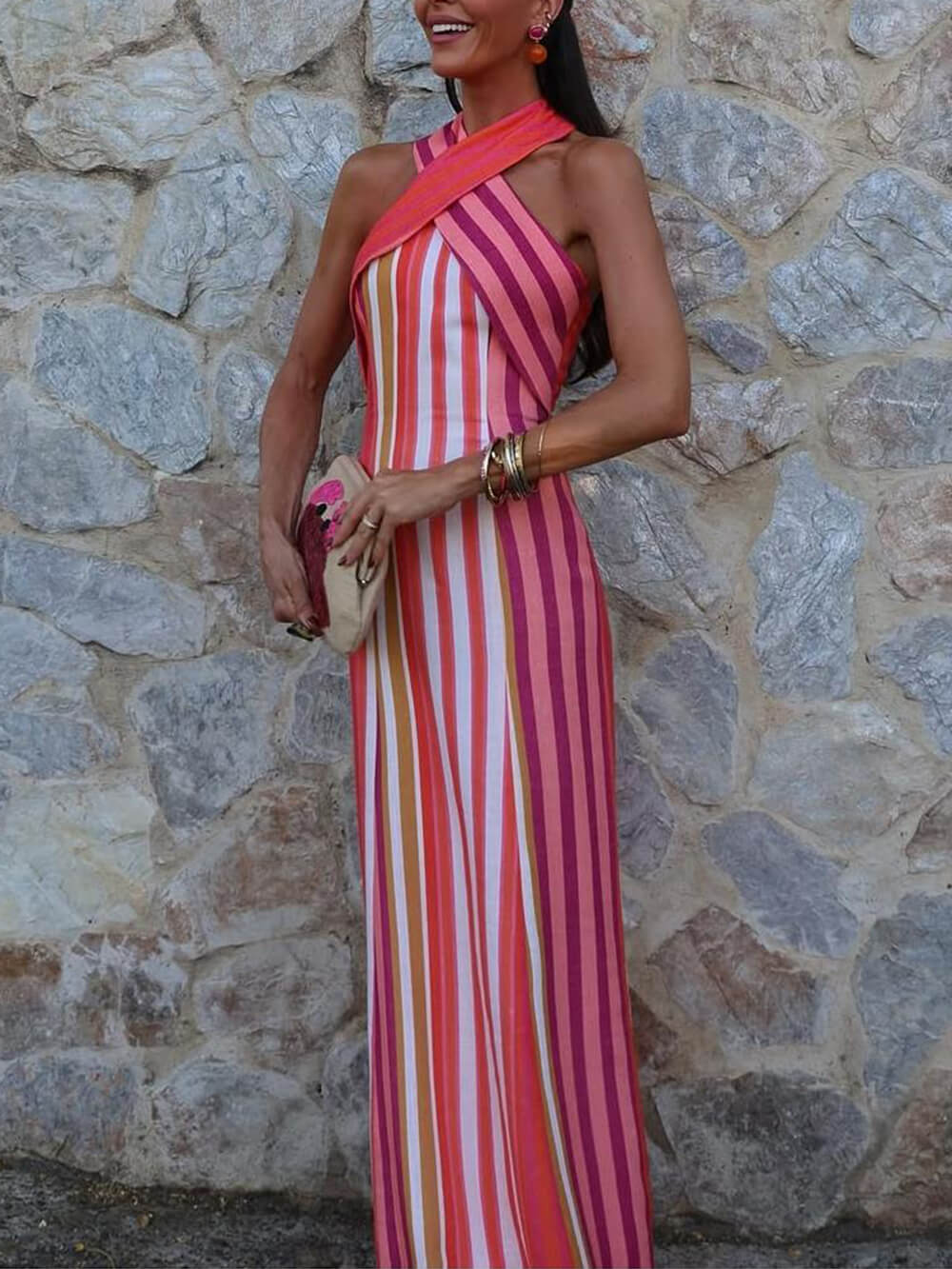 Zomer Zonsondergang Samba Cross-strap Gestreepte Maxi-jurk